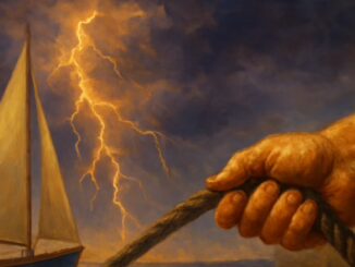 Thunderstorm over a harbor at night with lightning illuminating moored boats