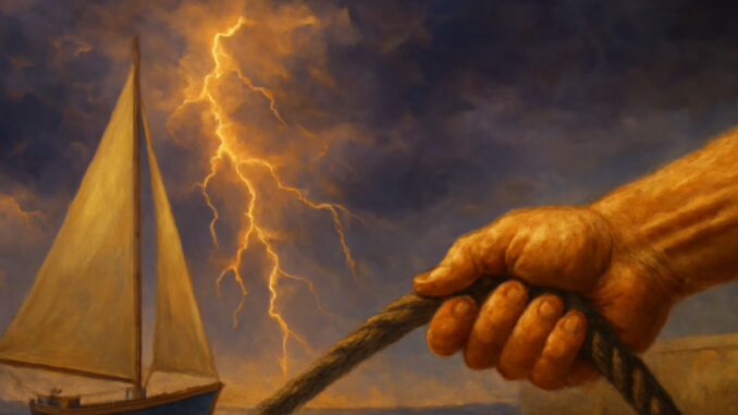 Thunderstorm over a harbor at night with lightning illuminating moored boats